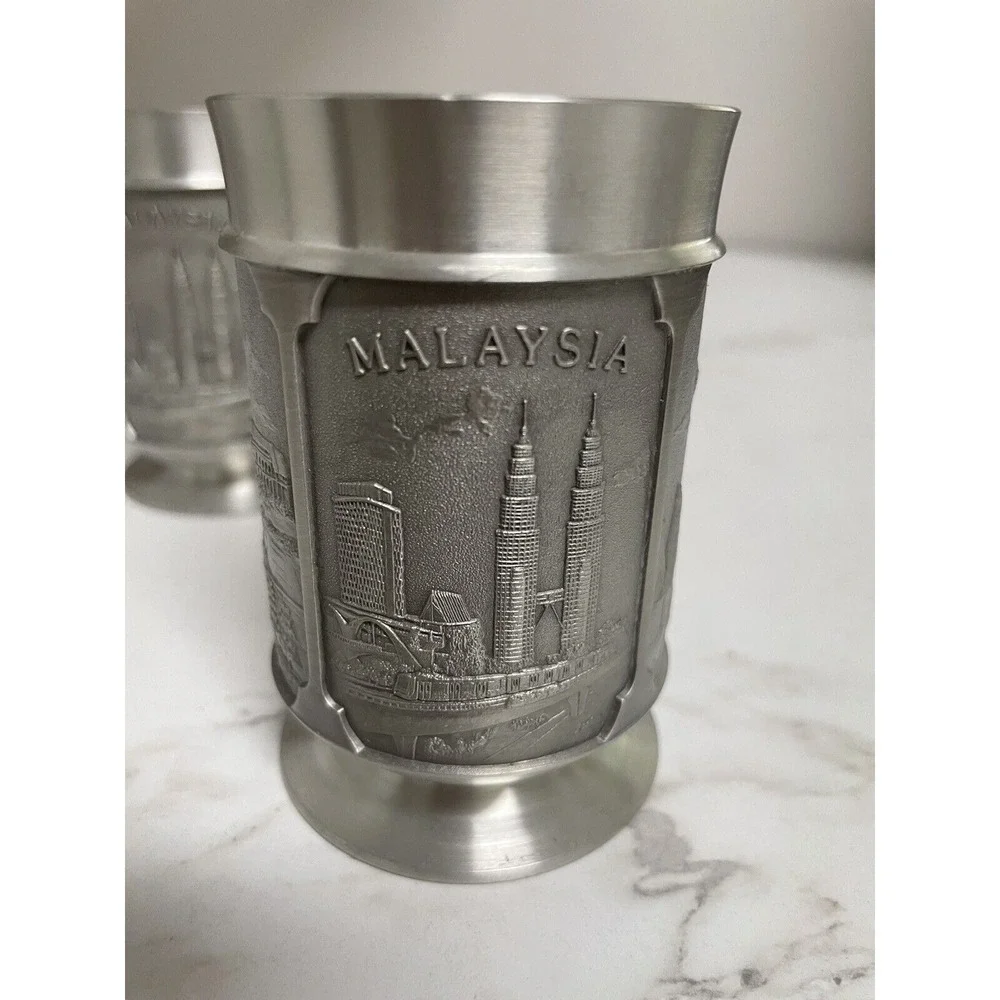 Pair of Vintage‎ Selwin Pewter Malaysia Souvenir Scenes Glasses Cups 3.5